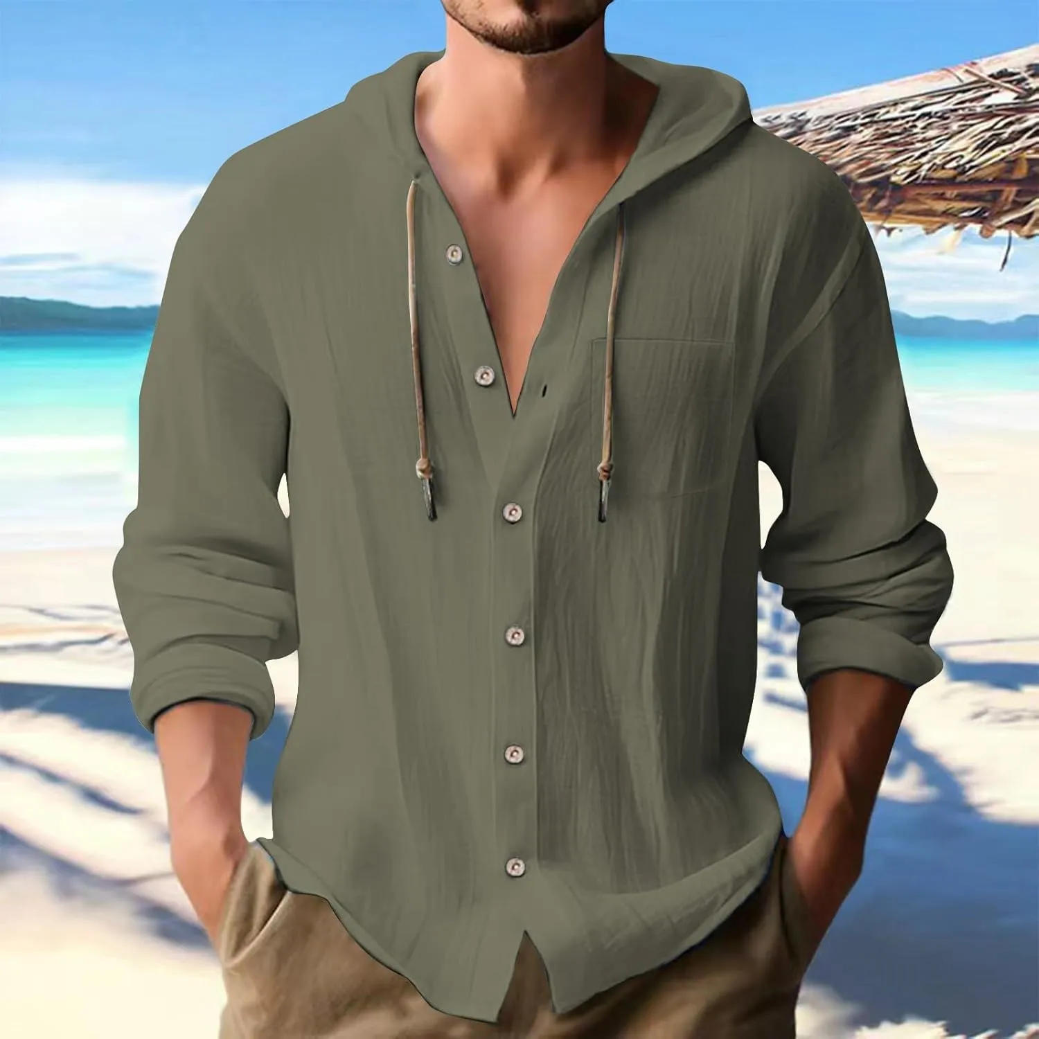 Men's Lightweight Summer Linen Shirt Long Sleeve Breathable Casual Button Down Shirt Slim Fit Shirts with Pockets