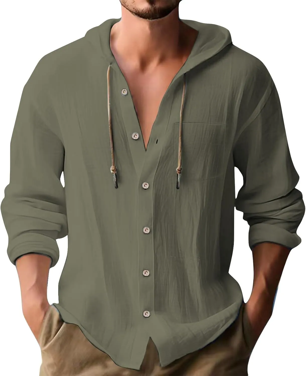 Men's Lightweight Summer Linen Shirt Long Sleeve Breathable Casual Button Down Shirt Slim Fit Shirts with Pockets