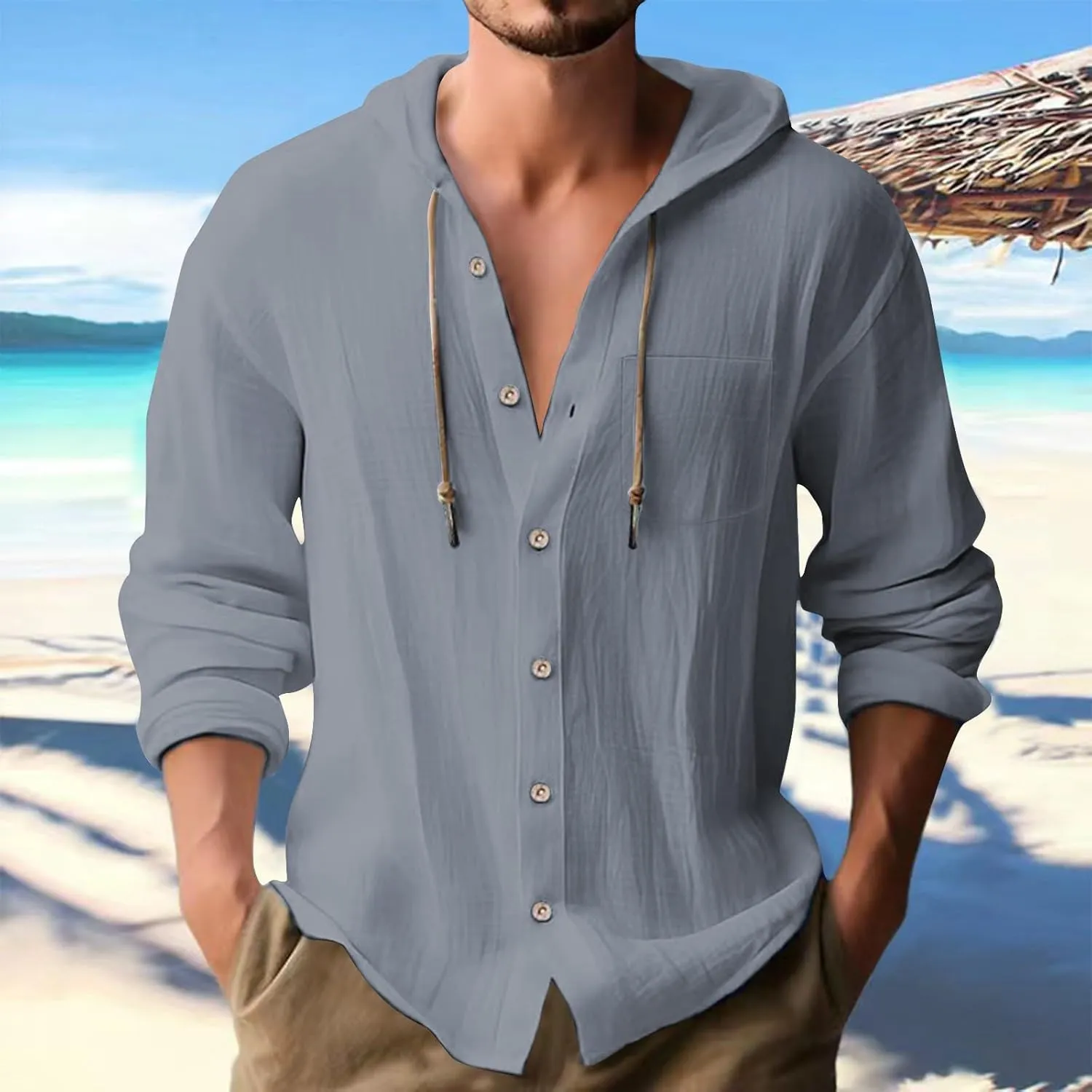 Men's Lightweight Summer Linen Shirt Long Sleeve Breathable Casual Button Down Shirt Slim Fit Shirts with Pockets