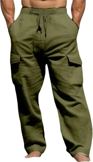 Men's Linen Cargo Pants Lightweight Elastic Waist Drawstring Loose Fit Beach Yoga Streetwear for Daily Wear