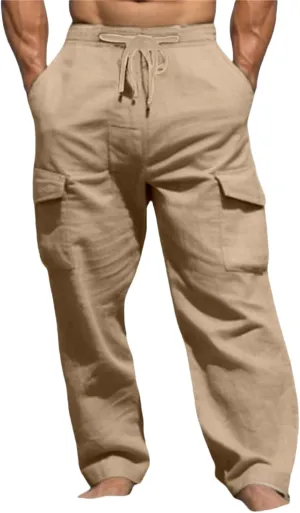 Men's Linen Cargo Pants Lightweight Elastic Waist Drawstring Loose Fit Beach Yoga Streetwear for Daily Wear