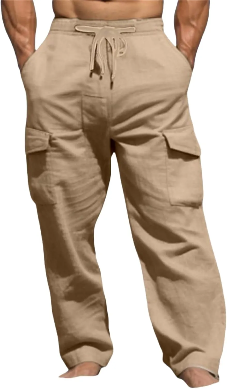 Men's Linen Cargo Pants Lightweight Elastic Waist Drawstring Loose Fit Beach Yoga Streetwear for Daily Wear