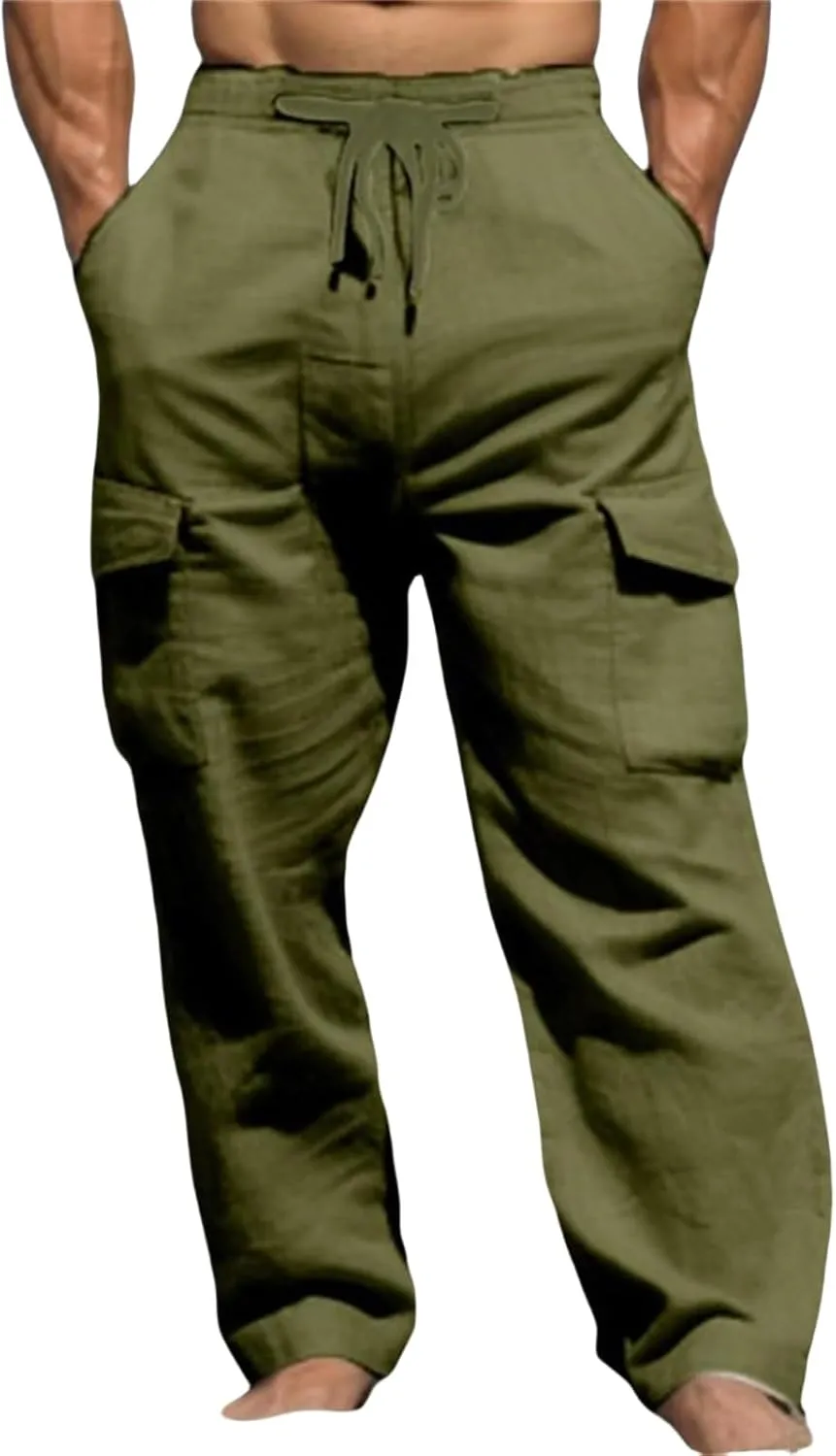 Men's Linen Cargo Pants Lightweight Elastic Waist Drawstring Loose Fit Beach Yoga Streetwear for Daily Wear