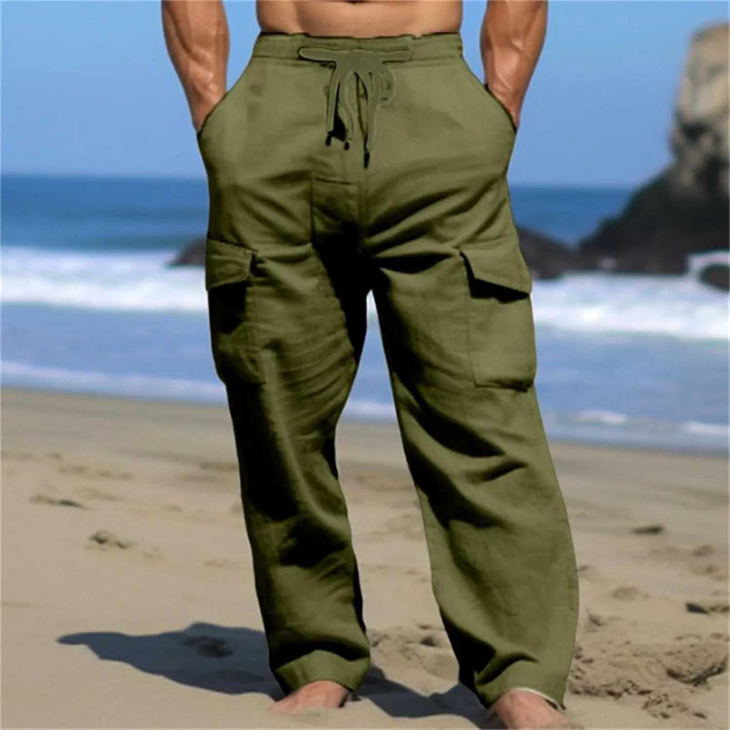 Men's Linen Cargo Pants Lightweight Elastic Waist Drawstring Loose Fit Beach Yoga Streetwear for Daily Wear