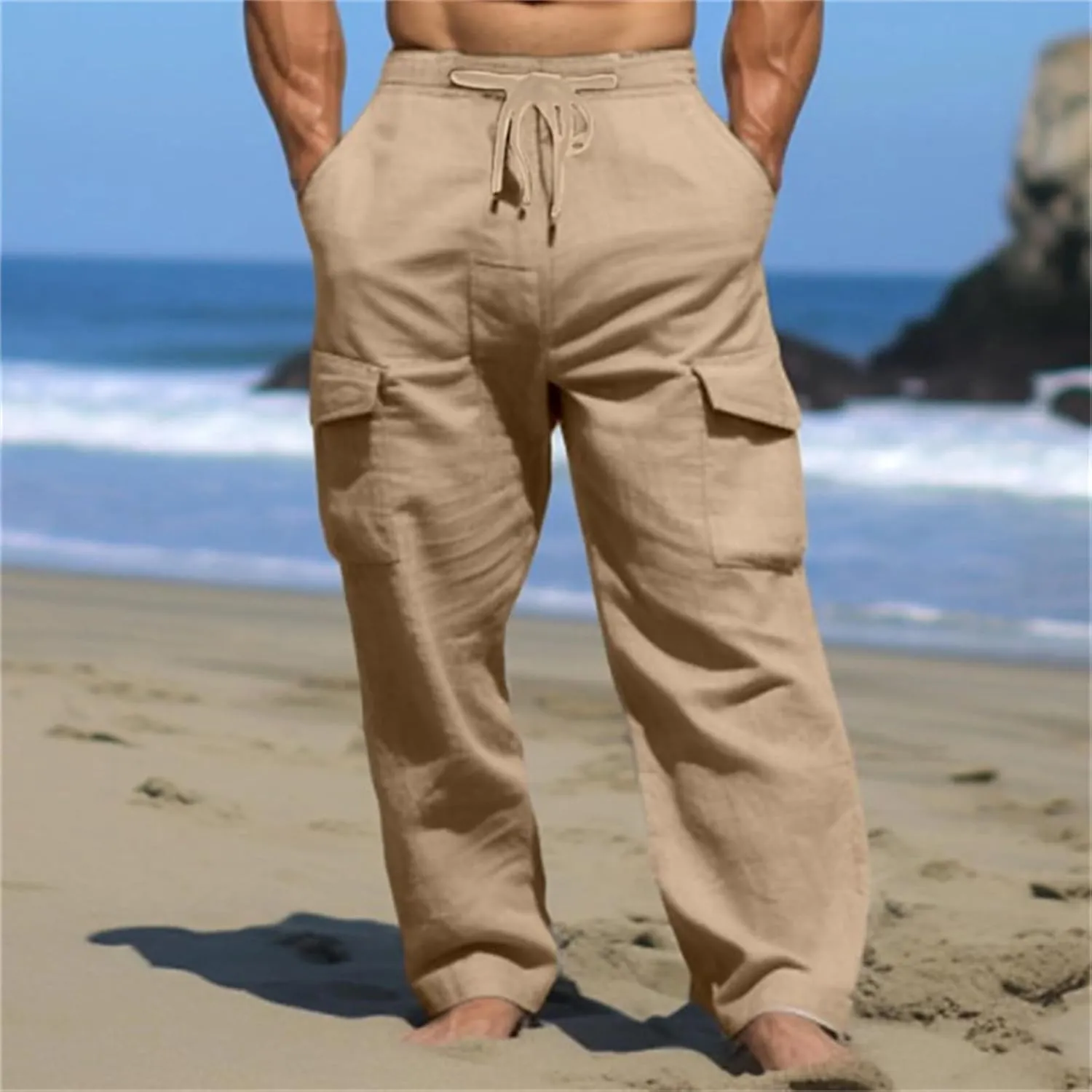 Men's Linen Cargo Pants Lightweight Elastic Waist Drawstring Loose Fit Beach Yoga Streetwear for Daily Wear