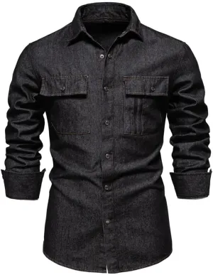 Mens Long Sleeve Denim Shirt Slim Fit Cotton Button Down Casual Work Shirts for Men Double Pocket