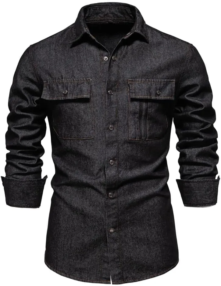 Mens Long Sleeve Denim Shirt Slim Fit Cotton Button Down Casual Work Shirts for Men Double Pocket