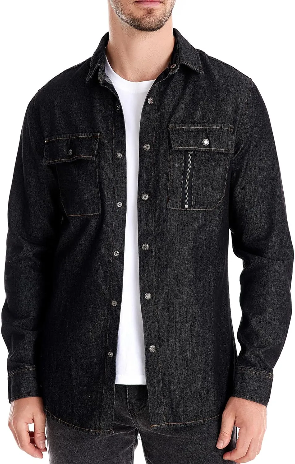 Mens Long Sleeve Denim Shirt Slim Fit Cotton Button Down Casual Work Shirts for Men Double Pocket