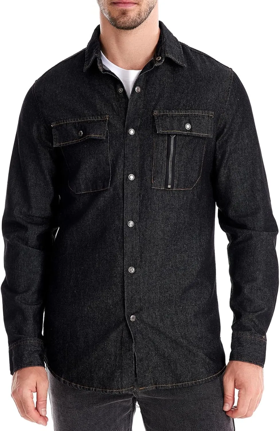 Mens Long Sleeve Denim Shirt Slim Fit Cotton Button Down Casual Work Shirts for Men Double Pocket