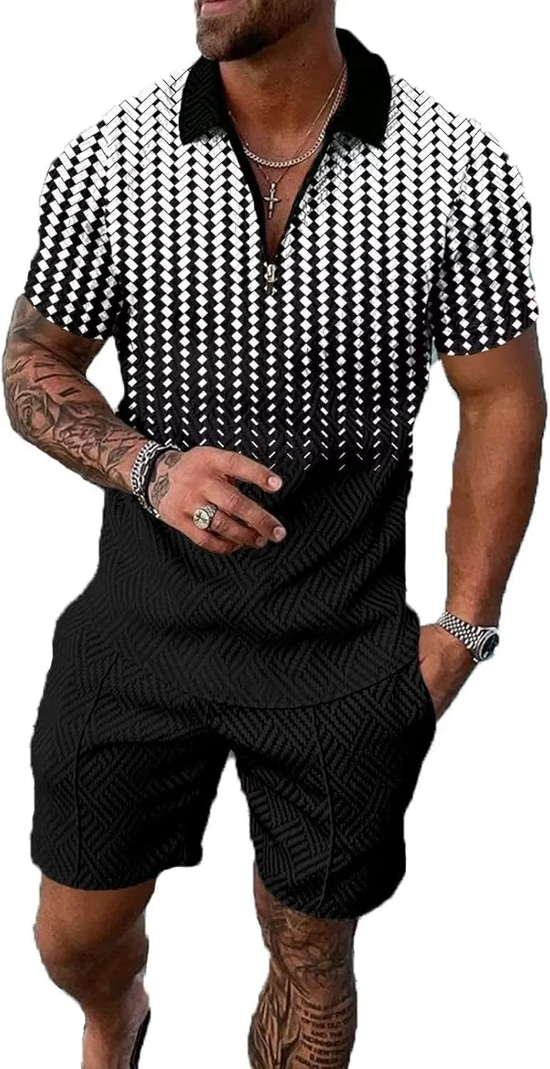 Mens short sets outfits 2 piece Summer Tracksuit Short Sleeve Polo men's shirt and short sets summer outfits for men