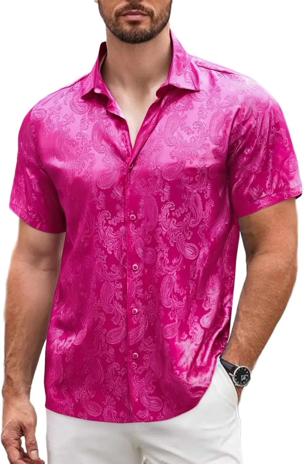 Men's Silk Shirt Paisley Floral Jacquard Short Sleeve Button Down Dress Shirts Formal Casual Wedding Party