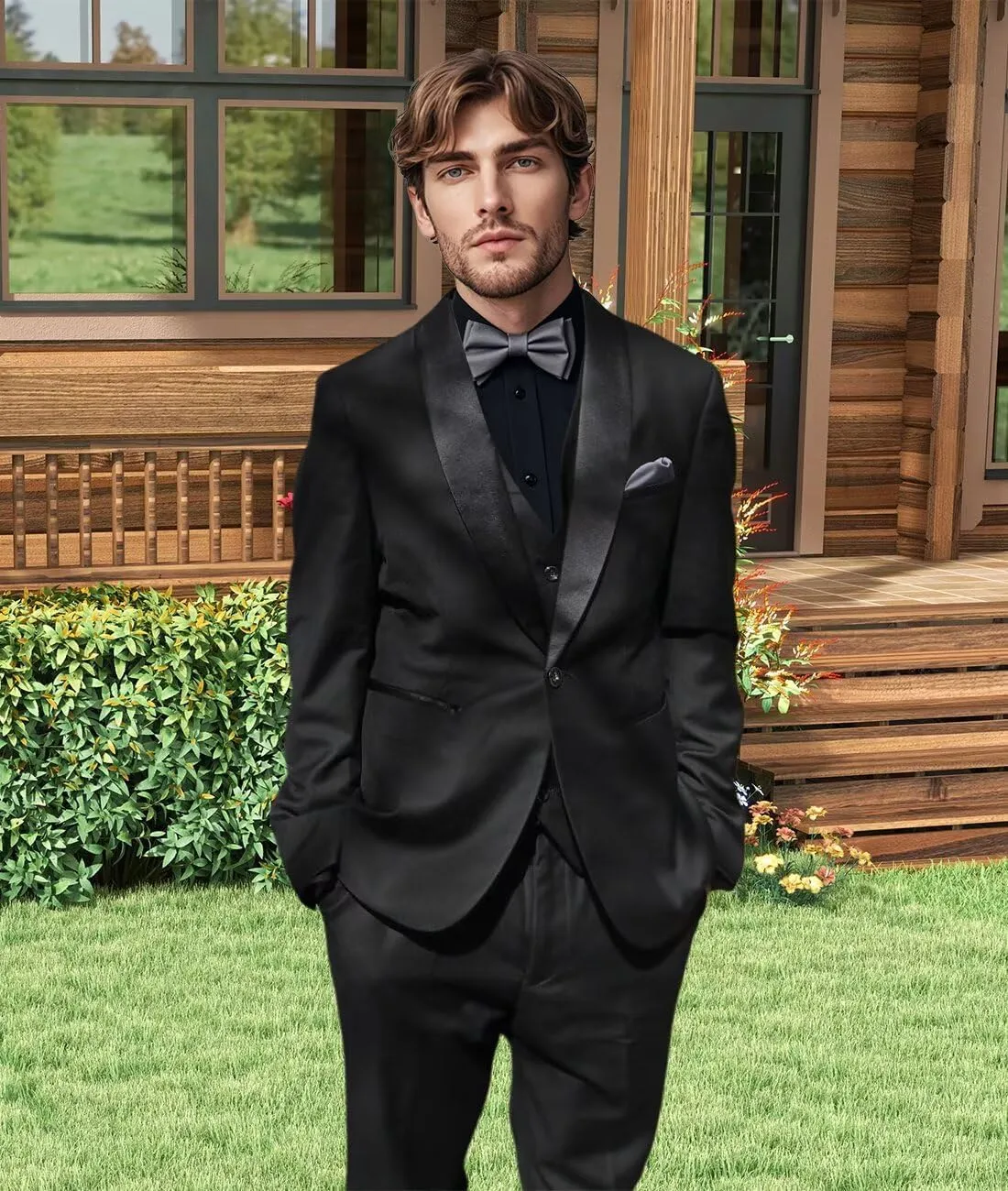 Mens Slim Fit Suit 3 Piece Solid Shawl Lapel Casual Business Blazer Set for Weddings Parties Tuxedo Jacket Pants