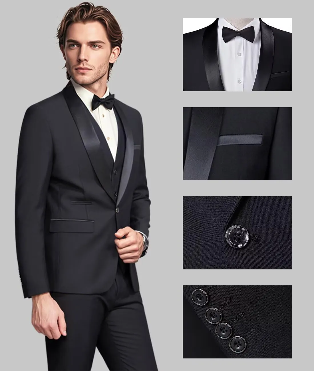 Mens Slim Fit Suit 3 Piece Solid Shawl Lapel Casual Business Blazer Set for Weddings Parties Tuxedo Jacket Pants