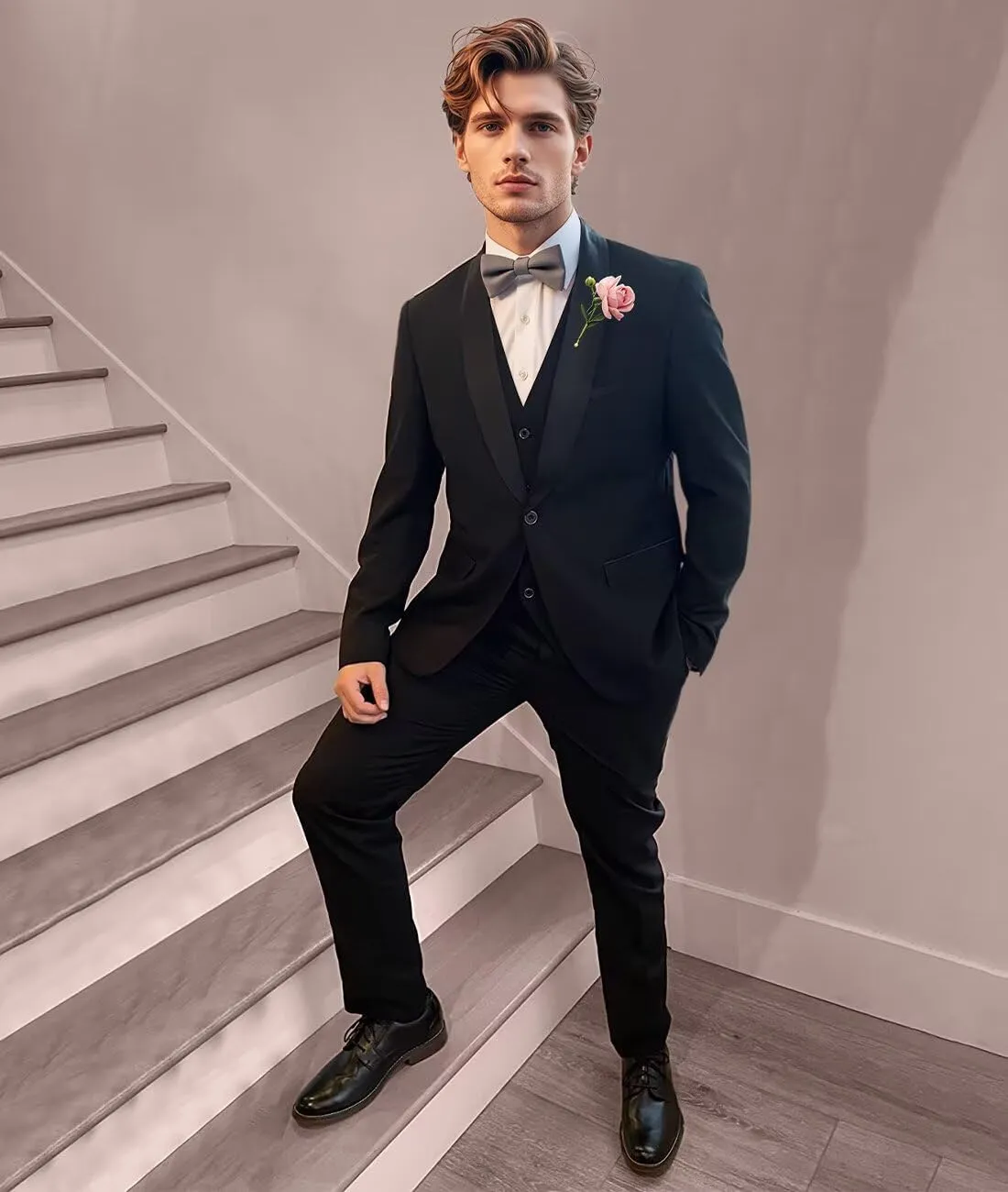 Mens Slim Fit Suit 3 Piece Solid Shawl Lapel Casual Business Blazer Set for Weddings Parties Tuxedo Jacket Pants