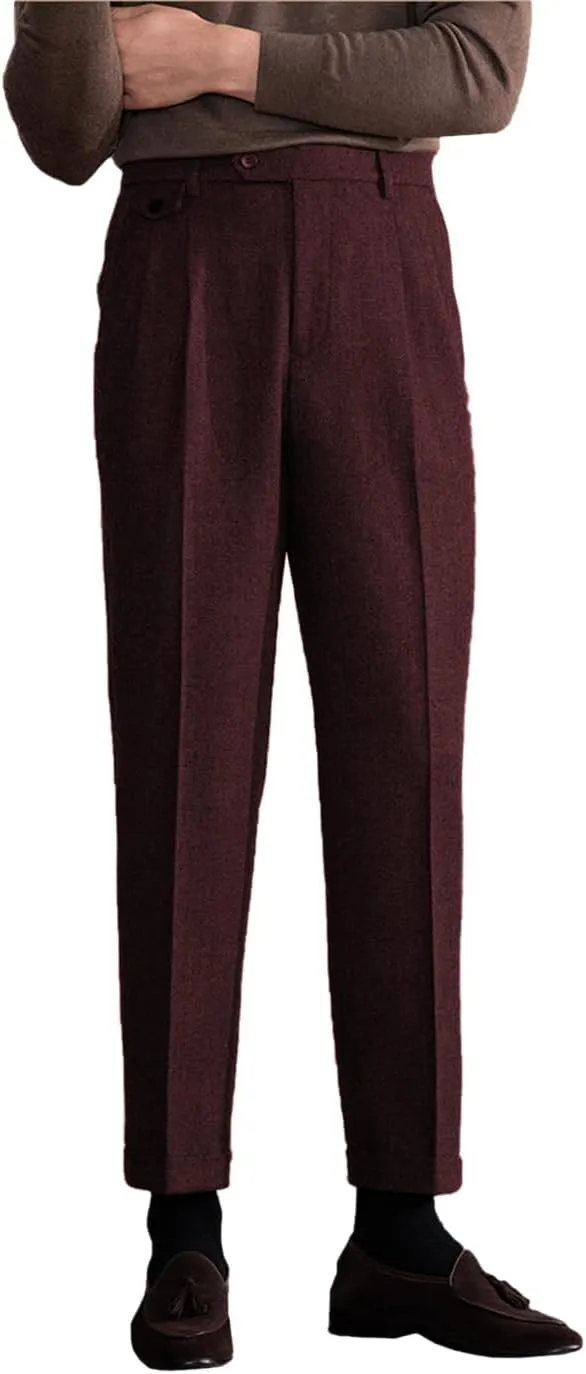 Men's Suit Tweed Pants Vintage Trousers Herringbone Tweed Blend Pleat-Front Dress Suit Pants
