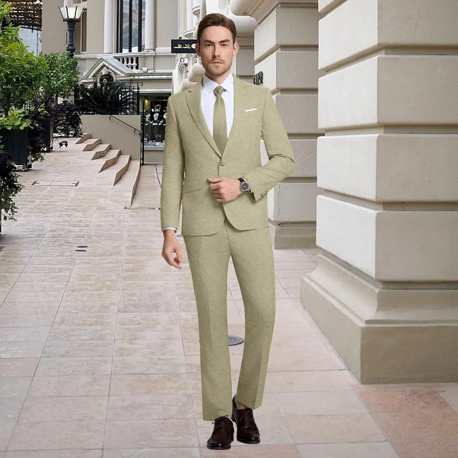 Mens Suits Classic Fit 2 Piece Lightweight Suit Set One Button Casual Jacket Blazer Pant for Men Wedding Bussiness