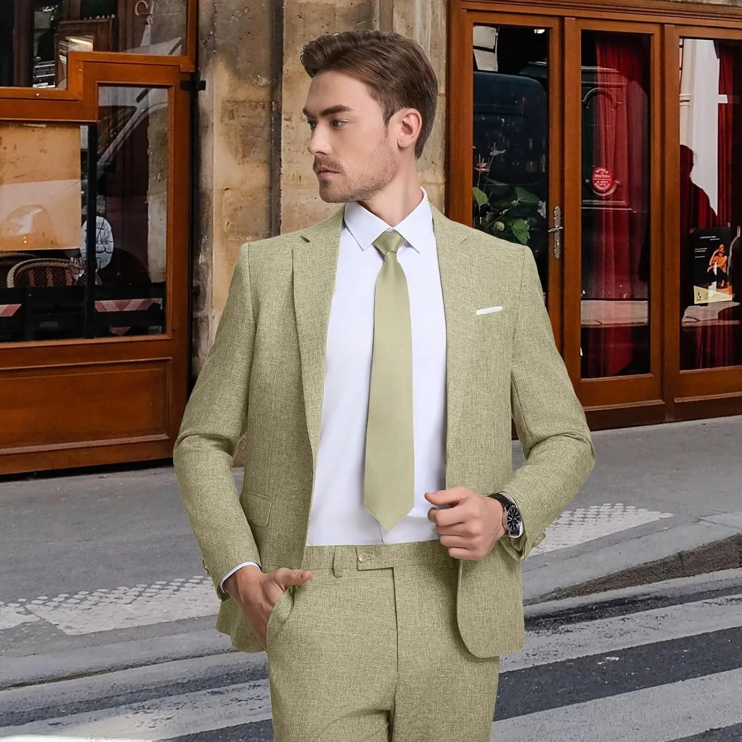 Mens Suits Classic Fit 2 Piece Lightweight Suit Set One Button Casual Jacket Blazer Pant for Men Wedding Bussiness