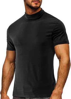Mens T Shirt Short Sleeve Basic Turtleneck Slim Fit Undershirt Pullover Solid Sport Shirts Tops