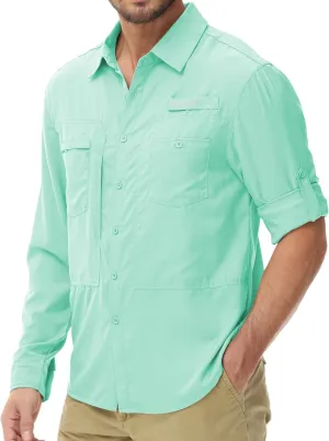 Men's UPF 50  Sun Protection Fishing Shirts Long Sleeve Lightweight Hiking Travel Work Button Down Shirt Zipper Pocket