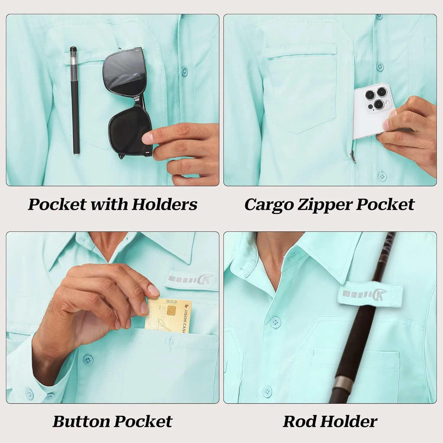 Men's UPF 50  Sun Protection Fishing Shirts Long Sleeve Lightweight Hiking Travel Work Button Down Shirt Zipper Pocket