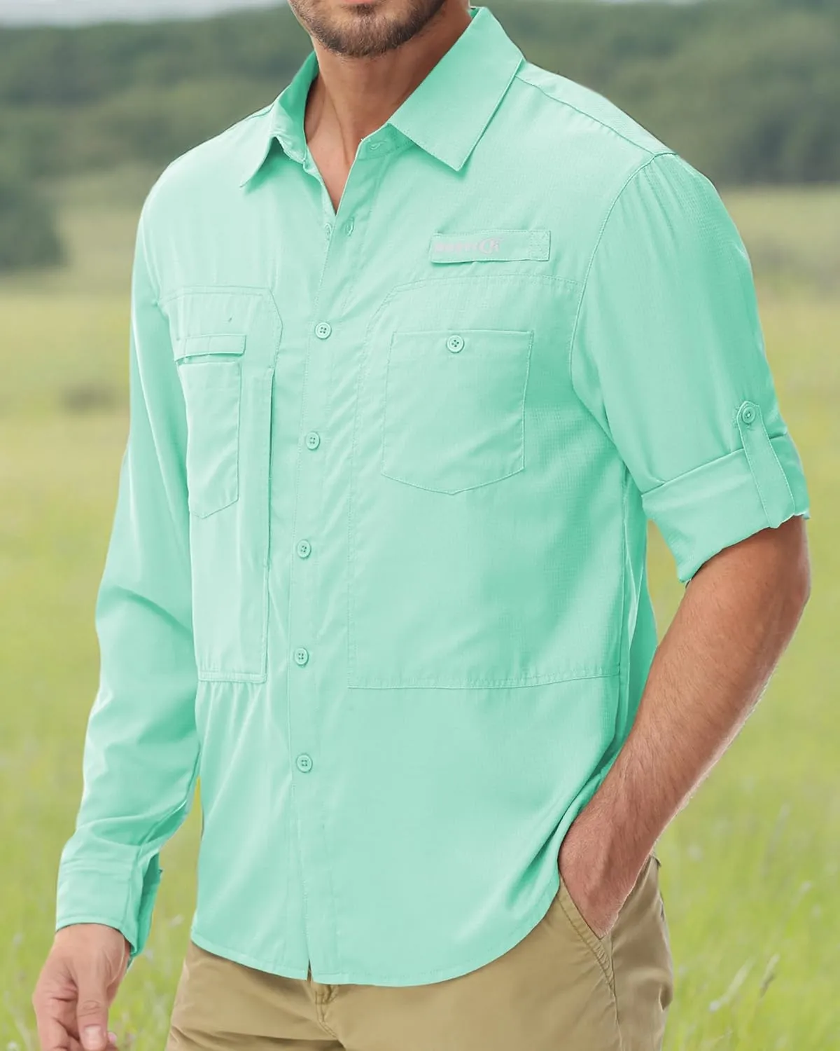Men's UPF 50  Sun Protection Fishing Shirts Long Sleeve Lightweight Hiking Travel Work Button Down Shirt Zipper Pocket