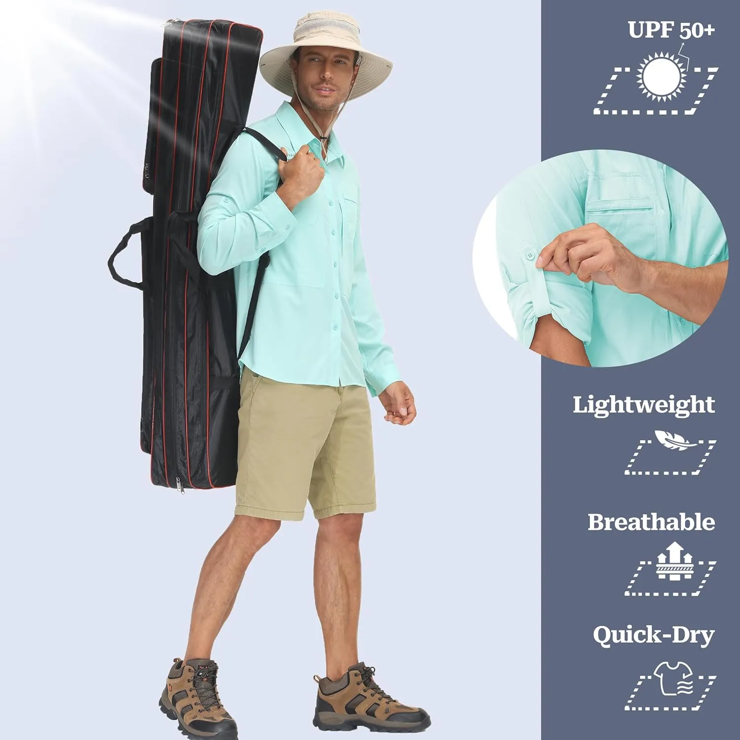 Men's UPF 50  Sun Protection Fishing Shirts Long Sleeve Lightweight Hiking Travel Work Button Down Shirt Zipper Pocket