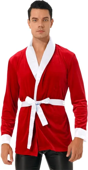 Men's Vintage Velvet Bachelor Smoking Jacket with Belt Short Loungewear Robe for Home Dinner Christmas Party
