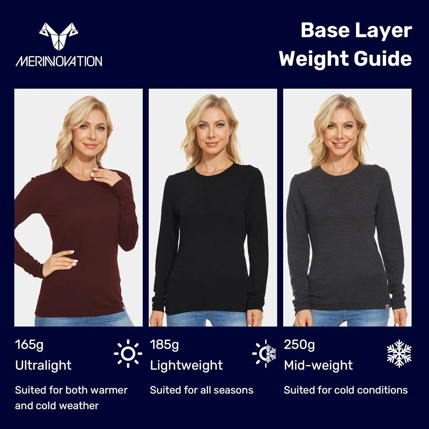 MERINNOVATION Merino Wool Base Layer Women 100% Merino Wool Long Sleeve Thermal Shirts for Women for Skiing Hiking