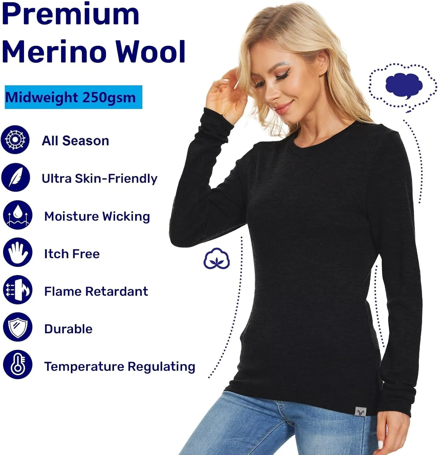 MERINNOVATION Merino Wool Base Layer Women 100% Merino Wool Long Sleeve Thermal Shirts for Women for Skiing Hiking