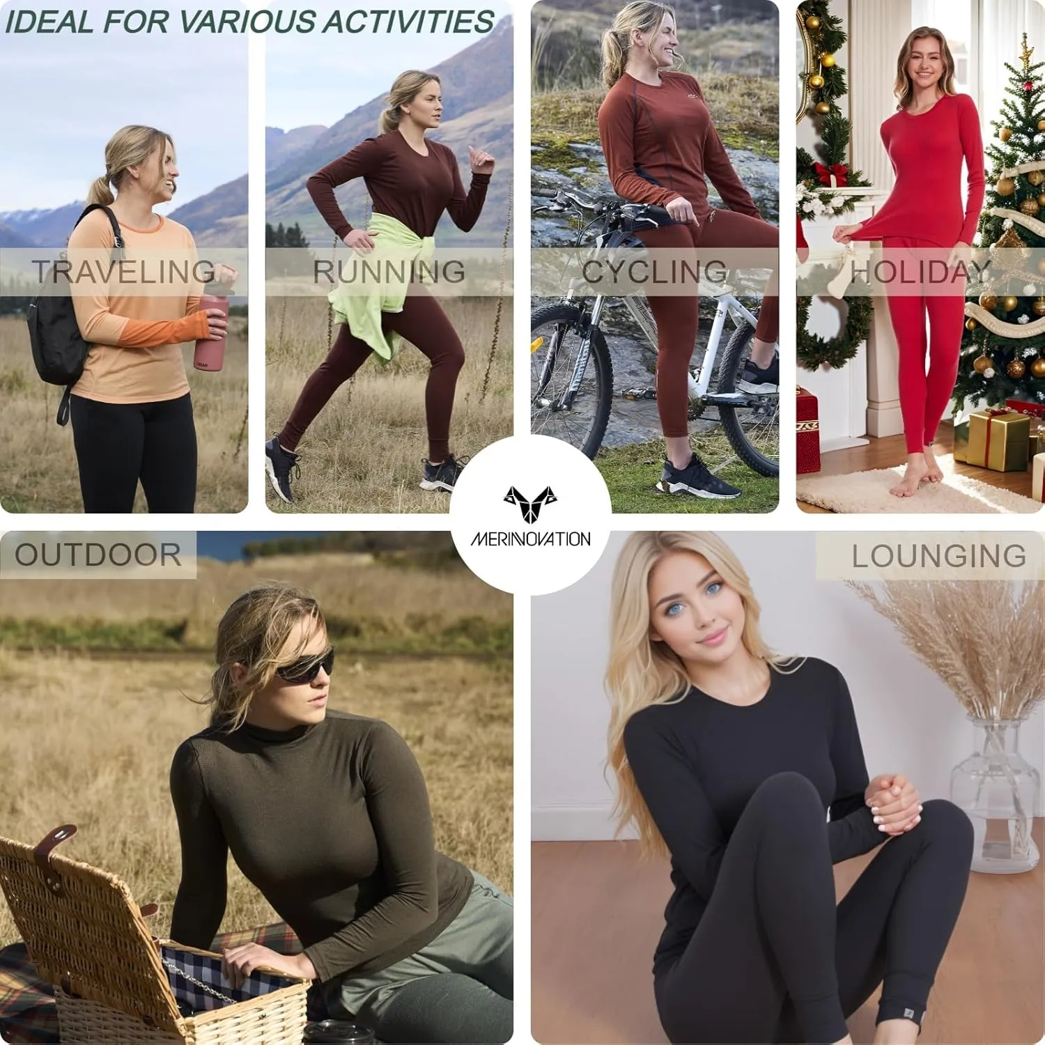 MERINNOVATION Merino Wool Base Layer Women 100% Merino Wool Long Sleeve Thermal Shirts for Women for Skiing Hiking
