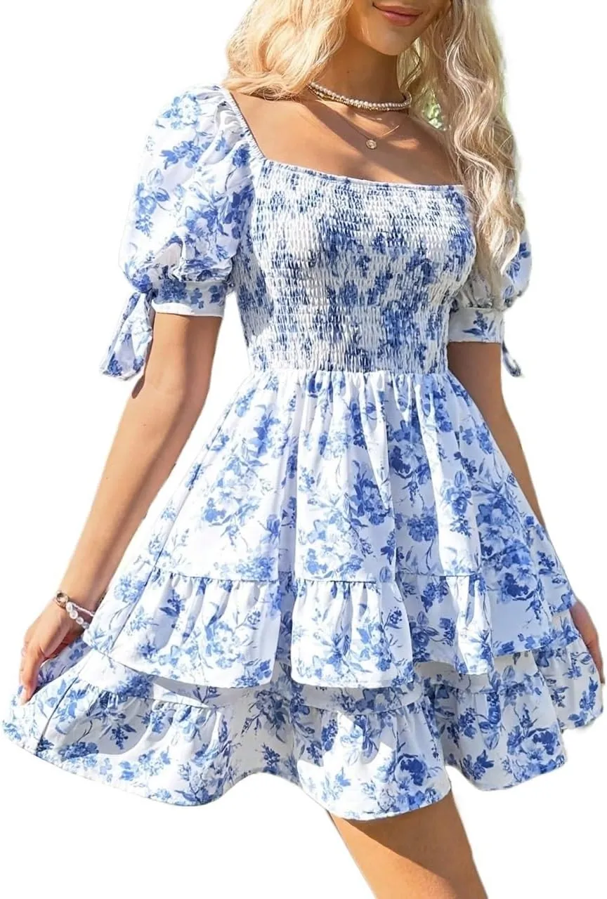 METOES Women's 2024 Casual Boho Mini Short Dress Resort Style Square Neck Floral Print Puff Sleeve Ruffle Hem Dress