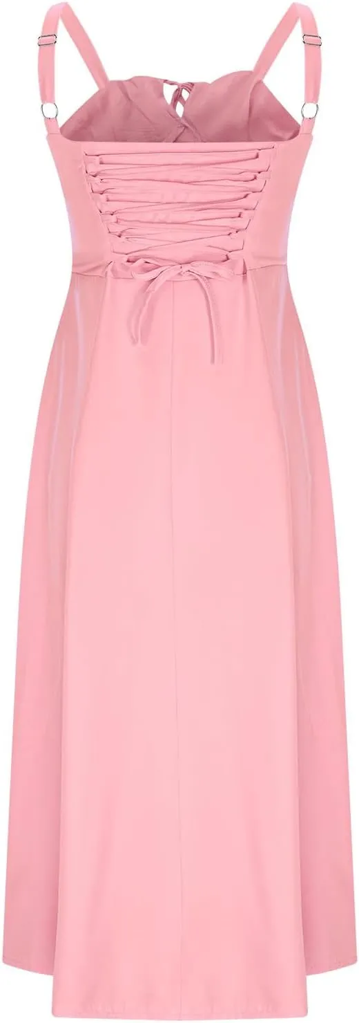 Midi Corset Dress Boho Flowy Slit Lace Up Back Dresses for Women Going Out A Line Tie Neck Casual Cocktail Party Dress