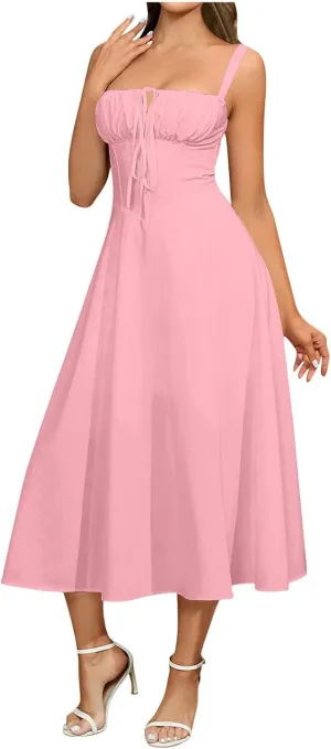 Midi Corset Dress Boho Flowy Slit Lace Up Back Dresses for Women Going Out A Line Tie Neck Casual Cocktail Party Dress