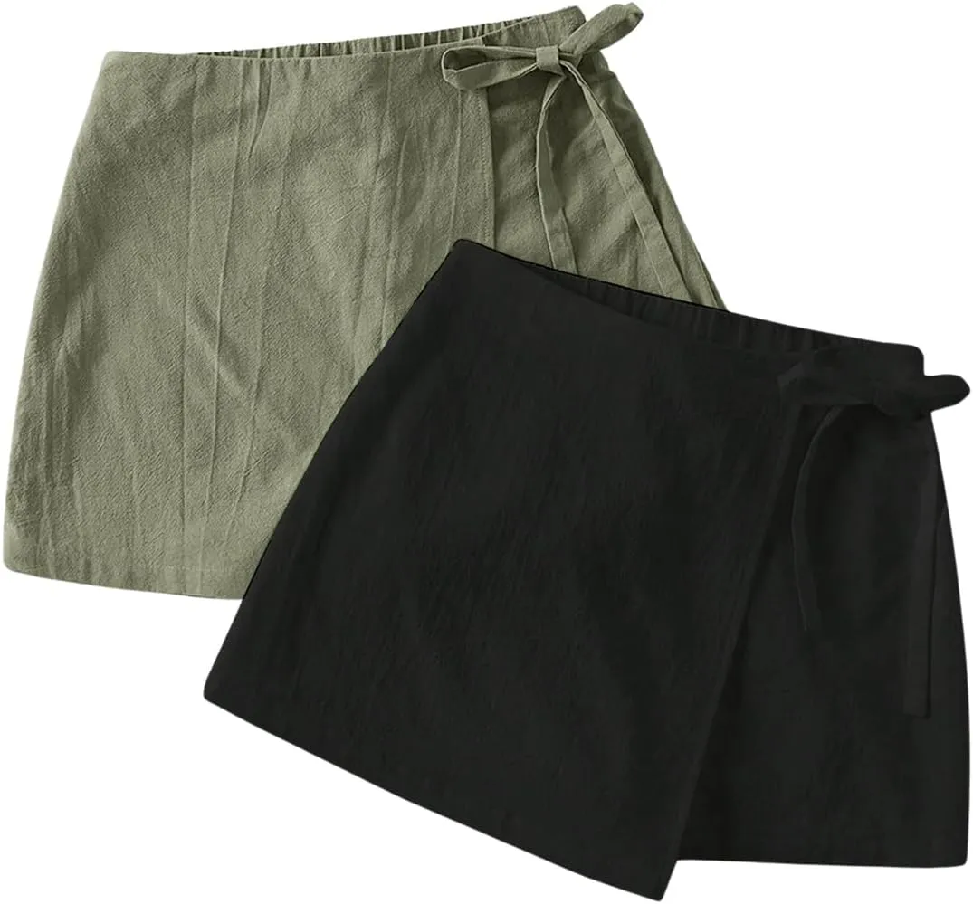 Milumia Women's 2 Pack Bowtie Side Wrap Skort Elastic Waist Solid Linen Shorts