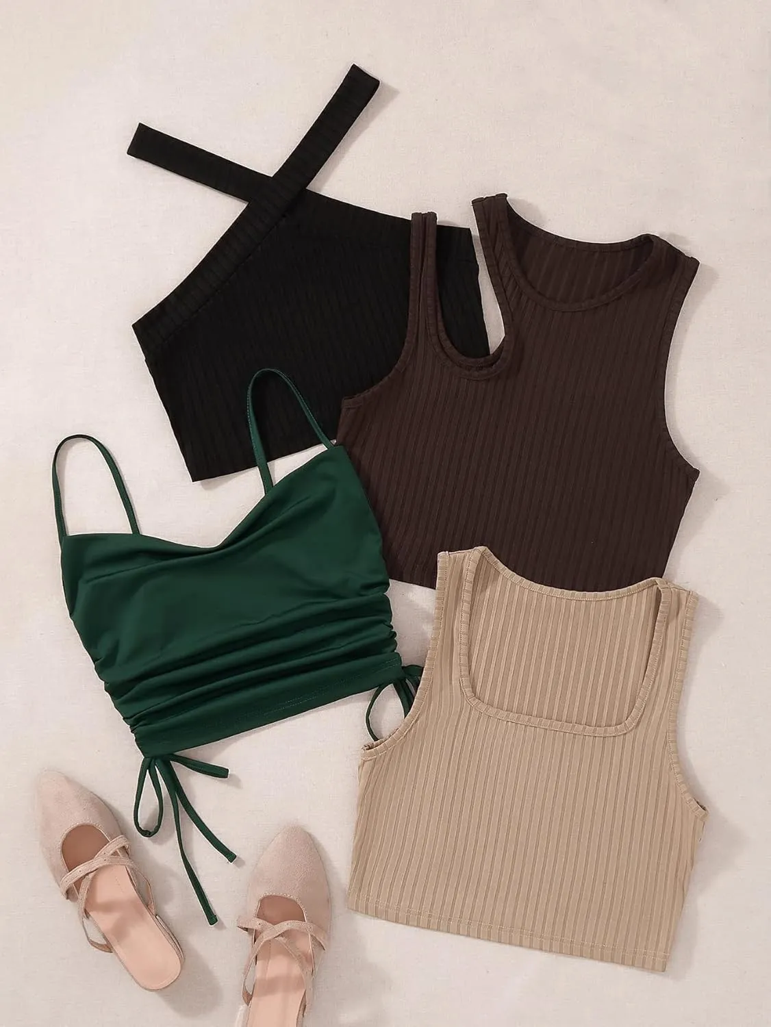 Milumia Women's 4 Piece Ribbed Knit Cut Out Drawstring Sleeveless Crop Tank Tops Set