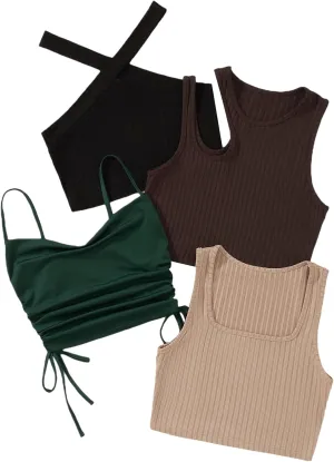 Milumia Women's 4 Piece Ribbed Knit Cut Out Drawstring Sleeveless Crop Tank Tops Set