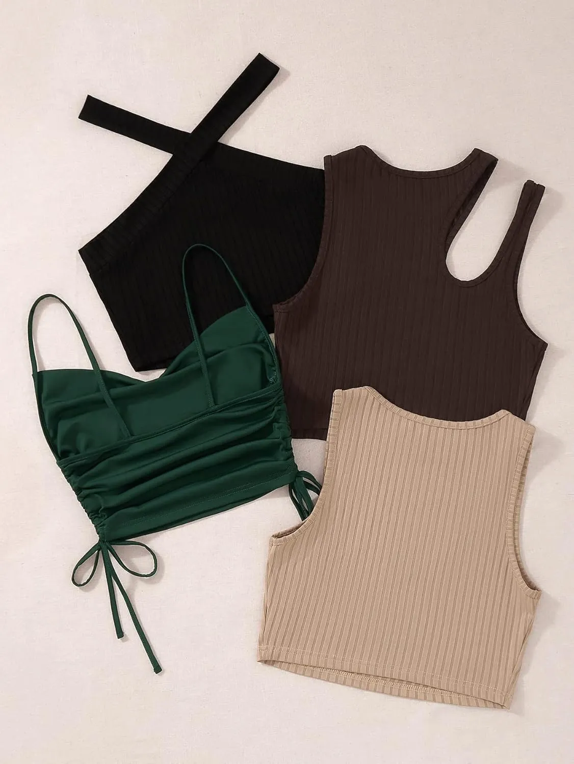 Milumia Women's 4 Piece Ribbed Knit Cut Out Drawstring Sleeveless Crop Tank Tops Set