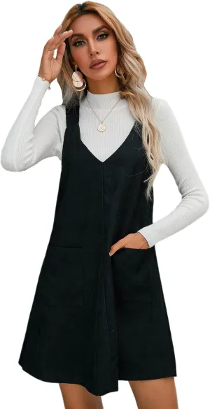 Milumia Women's Plaid V Neck Pinafore Overall Short Dress Losse Mini Jumper Dress with Pockets