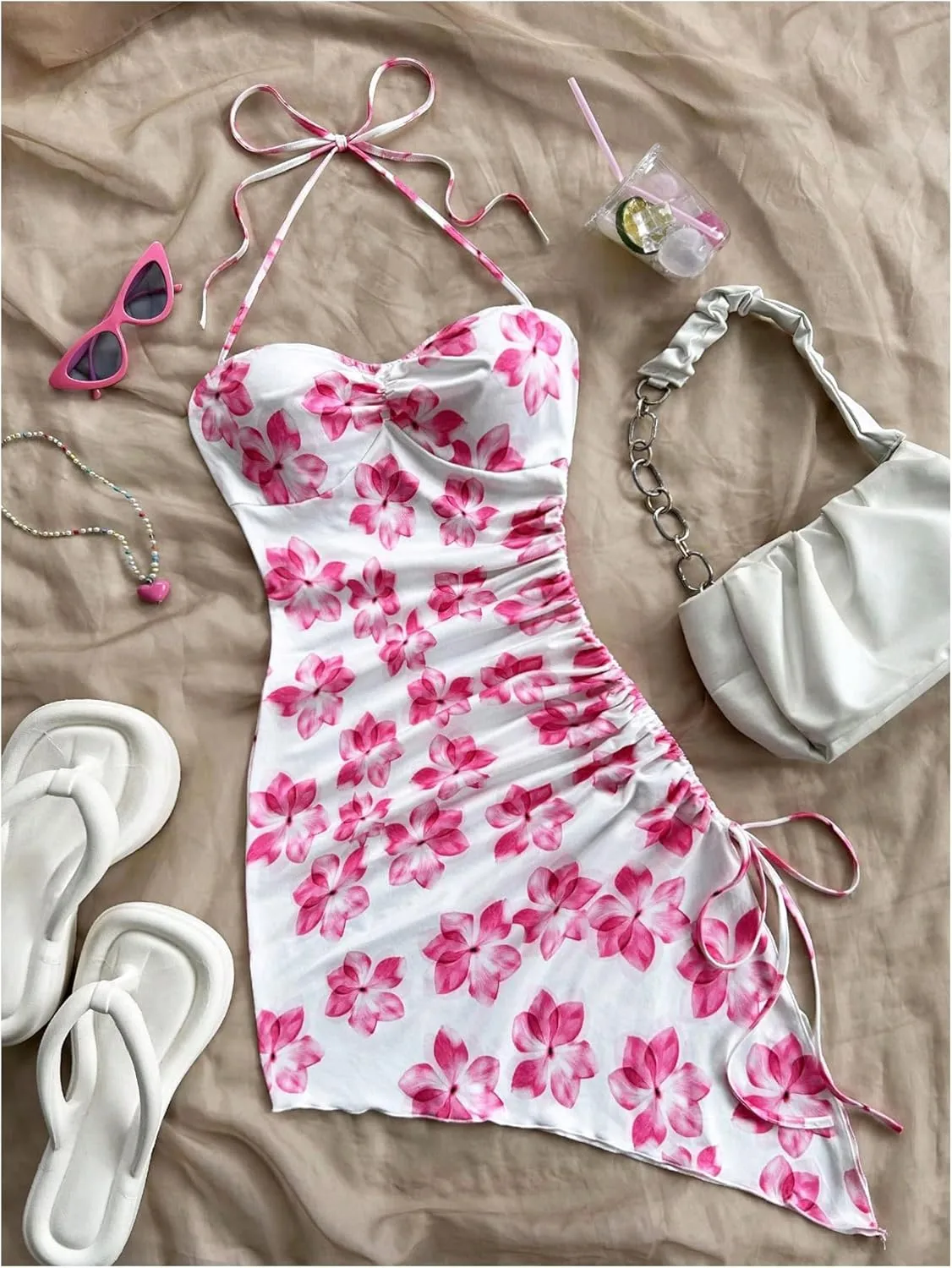 Milumia Women's Summer Dress Floral Print Halter Ruched Asymmetric Split Mini Dresses