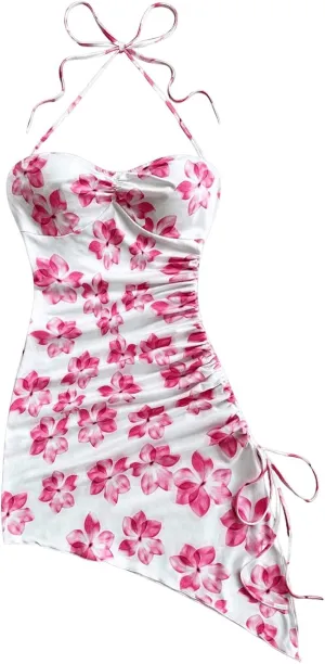 Milumia Women's Summer Dress Floral Print Halter Ruched Asymmetric Split Mini Dresses