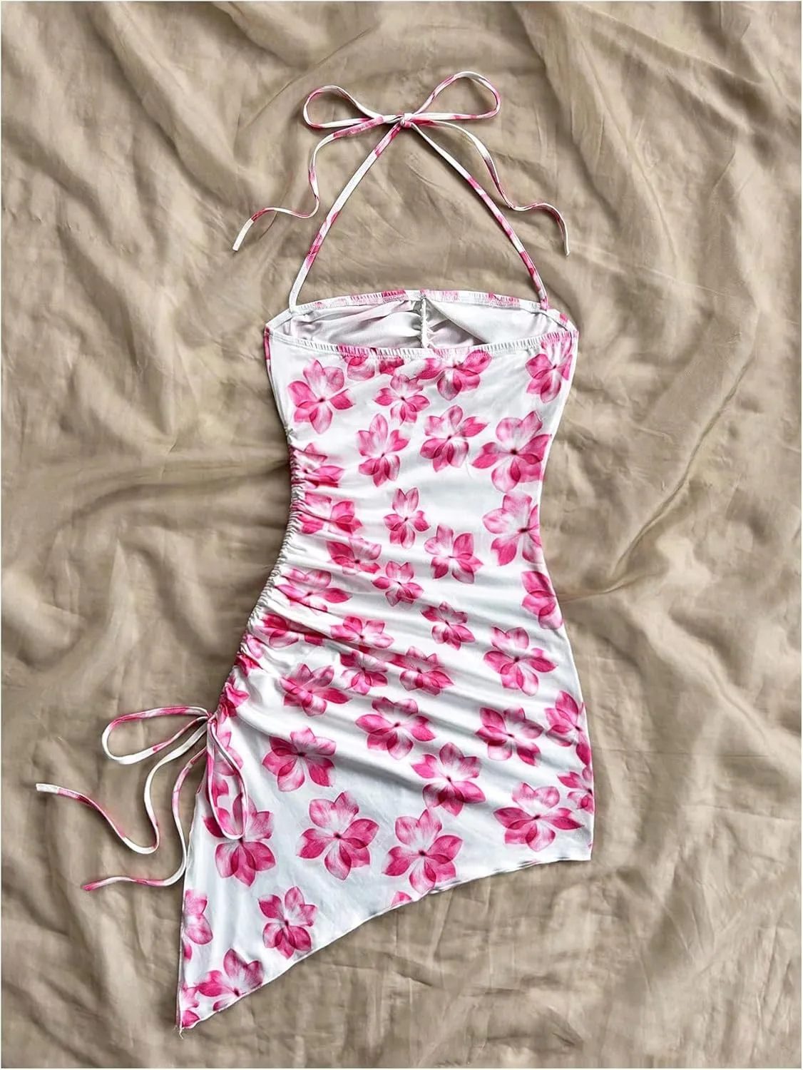 Milumia Women's Summer Dress Floral Print Halter Ruched Asymmetric Split Mini Dresses