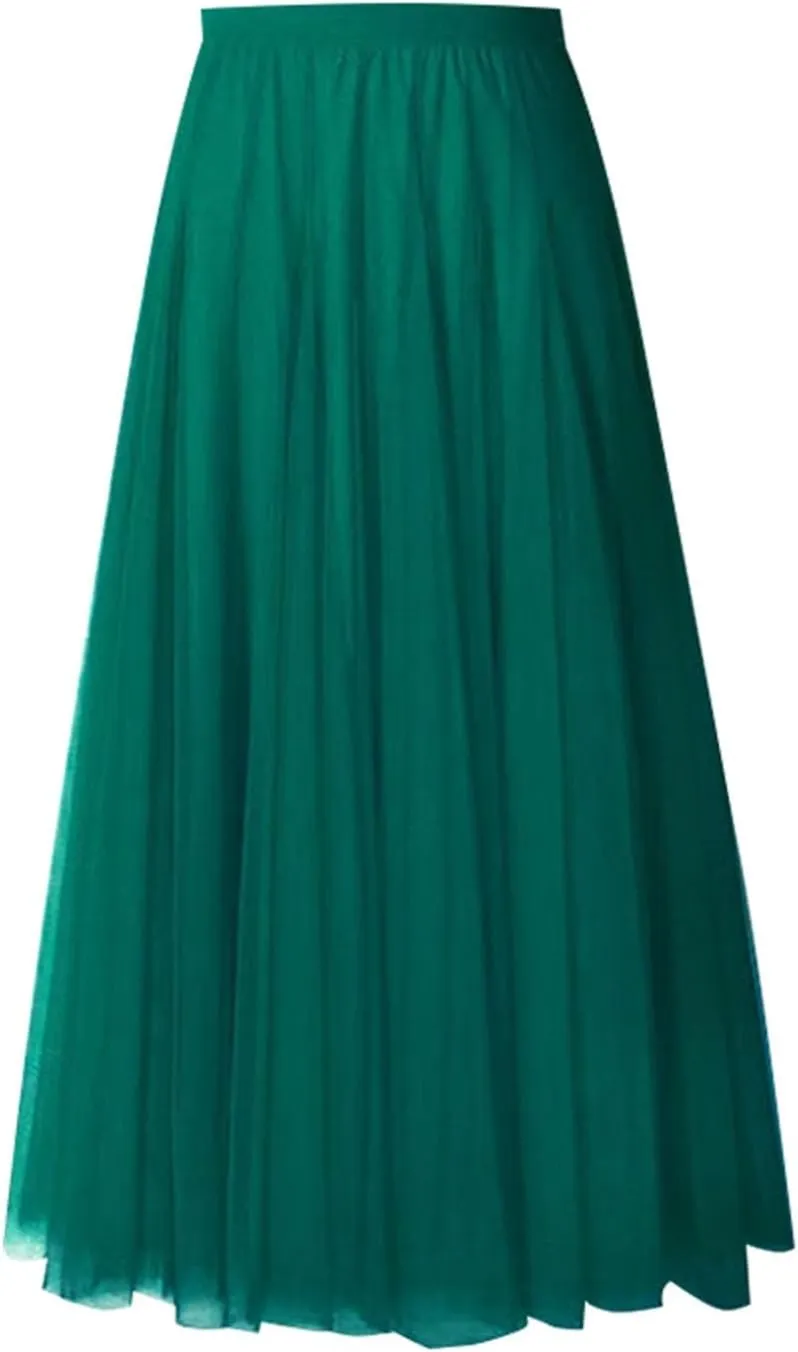 Miyaomn Womens Mesh Tutu Skirt Layered Tulle Elastic High Waisted Fairy Skirts Fluffy Irregular Hem Pleated A-line Midi Skirt
