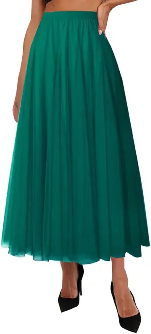 Miyaomn Womens Mesh Tutu Skirt Layered Tulle Elastic High Waisted Fairy Skirts Fluffy Irregular Hem Pleated A-line Midi Skirt
