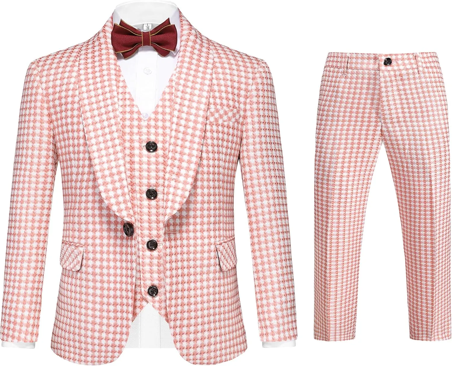 MOGU Boys 3-Piece Houndstooth Tuxedo Suit Set - Slim Fit Shawl Lapel Outfit Blazer Vest Pants Kids' Weddings Ring Bearer