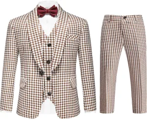 MOGU Boys 3-Piece Houndstooth Tuxedo Suit Set - Slim Fit Shawl Lapel Outfit Blazer Vest Pants Kids' Weddings Ring Bearer