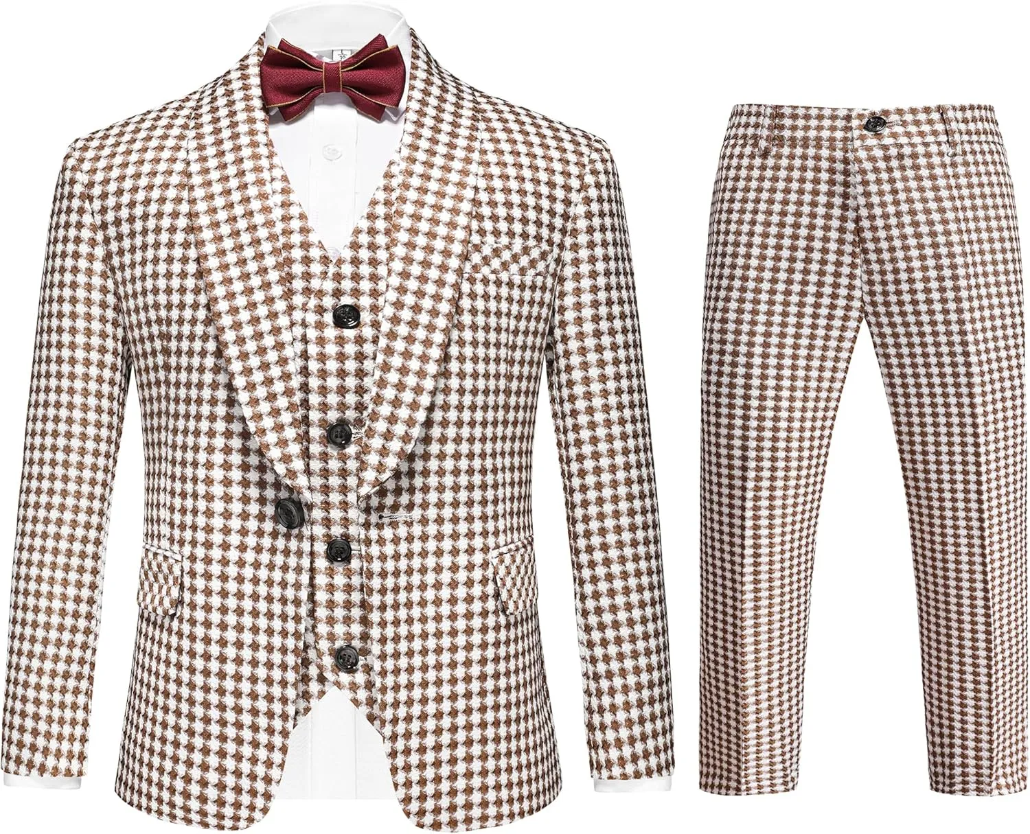 MOGU Boys 3-Piece Houndstooth Tuxedo Suit Set - Slim Fit Shawl Lapel Outfit Blazer Vest Pants Kids' Weddings Ring Bearer
