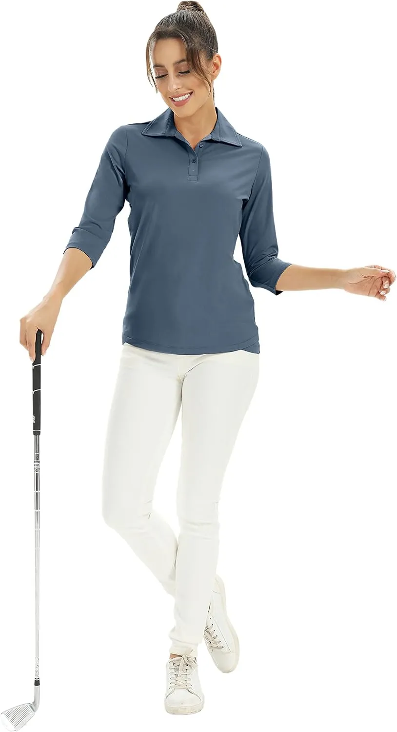MOHEEN Women's Polo Shirt UPF 50  Quick Dry Moisture Wicking 3/4 Sleeve Golf Sun Shirts Athletic Casual Work S-2XL