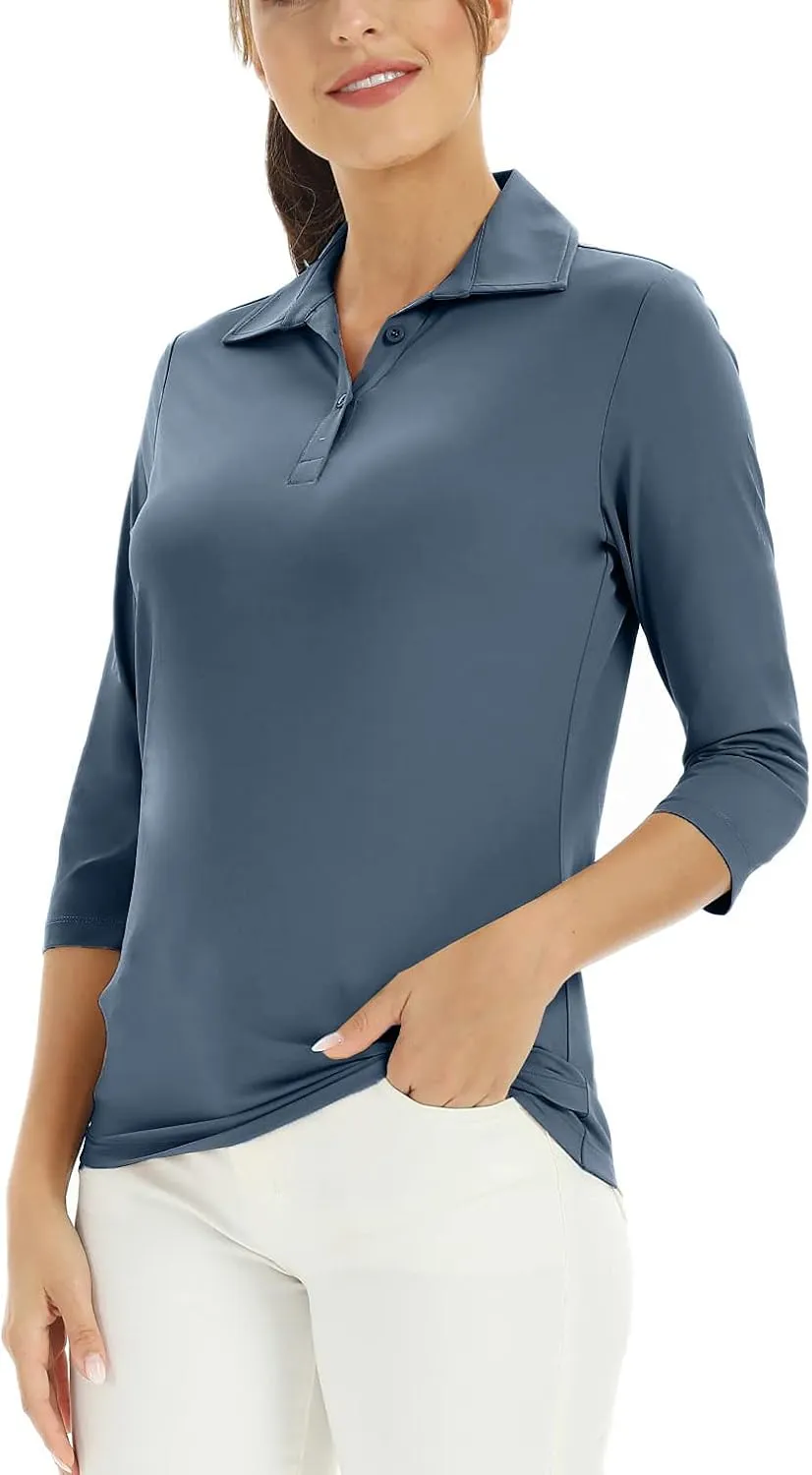 MOHEEN Women's Polo Shirt UPF 50  Quick Dry Moisture Wicking 3/4 Sleeve Golf Sun Shirts Athletic Casual Work S-2XL