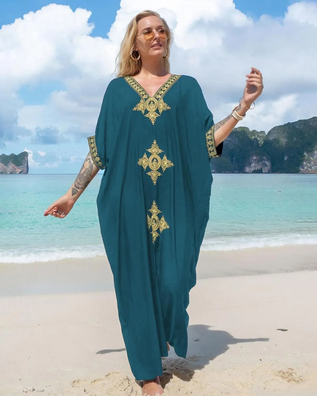 Moroccan Kaftan Dresses for Women Plus Size Caftans Loungewear Embroidered Beach Kaftan Cover up moomoo House Dress