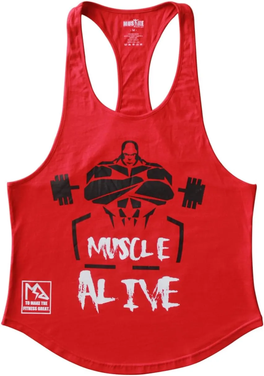 Muscle Alive Mens Bodybuilding Stringer Tank Tops Cotton Racerback Arch Hem